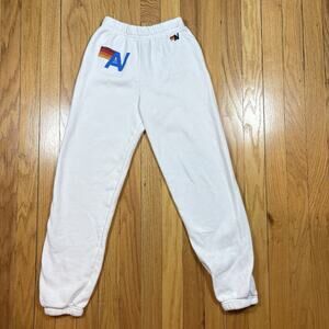 Aviator Nation Girls Pants Size 10 White Joggers Sweatpants Rainbow Logo